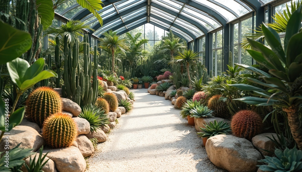 Fototapeta premium Indoor greenhouse walkway lined with diverse desert plants like cacti, succulents. Rich green foliage fills conservatory under glass roof. Sunlight streams through, illuminating arid botanical