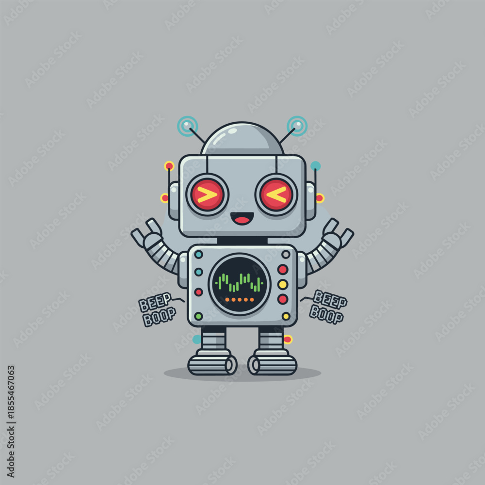 Naklejka premium Cute Cartoon Robot with Antennae and Waving Hands.