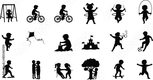 Collection of black silhouette icons depicting children engaged in various outdoor playground and recreational activities