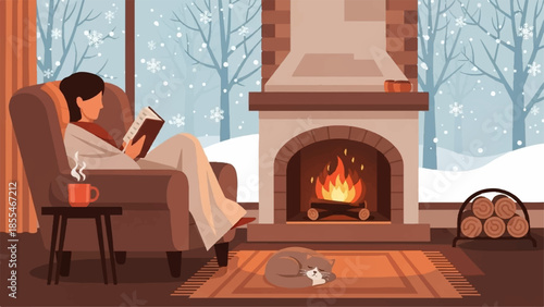 Woman Relaxing by the Fireplace on a Winter Afternoon