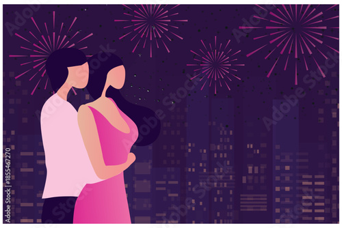 Loving couple standing at balcony on cityscape night time vector illustration.