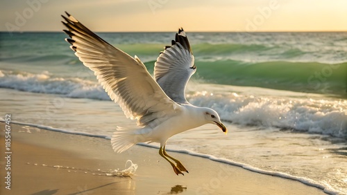 Seagulls in mid-flight over golden sandy beach at sunrise with ocean waves and green shoreline