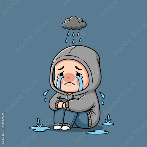 Cartoon Depiction of a Sad Child Under a Rain Cloud.