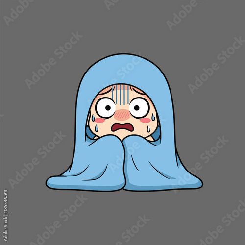 Scared Cartoon Character Hiding Under Blanket with Worried Expression.