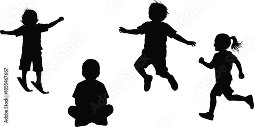 Four dynamic black silhouettes of diverse children playing actively outdoors against a stark white background representing childhood energy