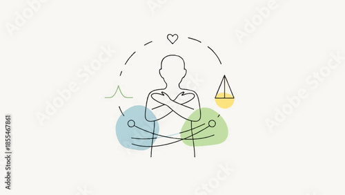 A person meditating peacefully with a serene landscape and a sailboat in the background