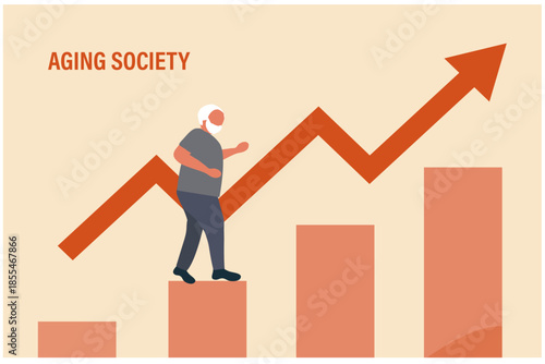 Aging society concept, world population aging because of low birth. Increasing senior elderly people vector illustration
