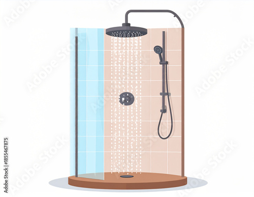 A modern shower stall with water flowing, featuring a glass partition and tiled walls.