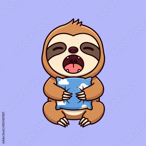 Cute Sloth Yawning While Holding a Pillow Cartoon Illustration.