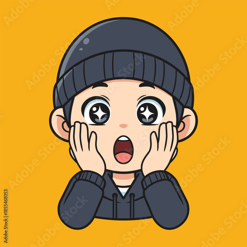 Cartoon Boy with Beanie Expressing Shock and Surprise with Wide Eyes.
