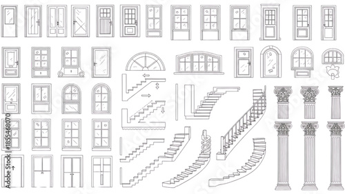 Extensive Vector Line Art Collection of Architectural Doors, Windows, Staircases, and Columns for Design