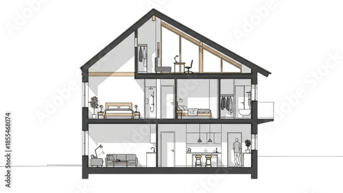 Architectural Diagram Illustrating the Interior Layout and Functional Zones of a Modern Multi-Level House