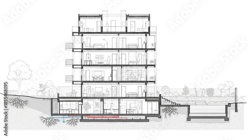 Detailed architectural cross-section of a modern multi-story residential building, showcasing its internal structure and integrated underground infrastructure
