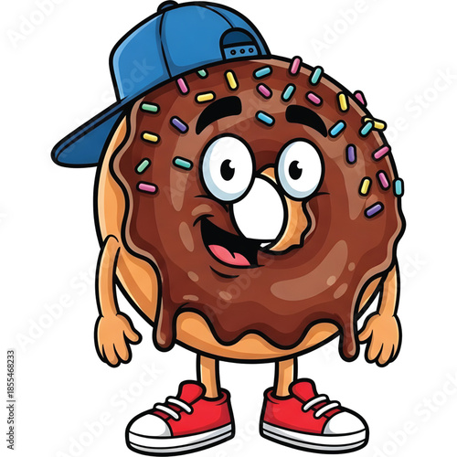 Funny anthropomorphic donut character, chocolate glaze donut wearing sneakers and cap, cartoon vector style, playful expression, smooth shading