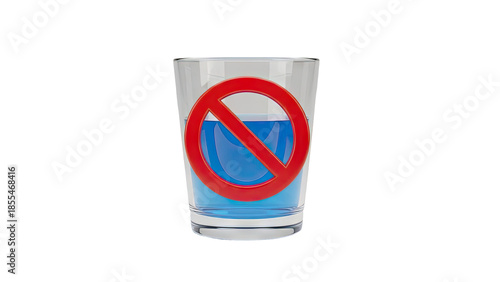 3D Glass of blue liquid with a prohibition sign on transparent background