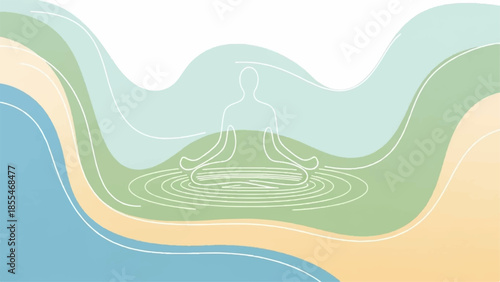 Serene illustration of a person meditating in a peaceful environment surrounded by nature