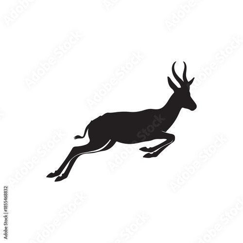 This vector art features a stylized black silhouette of a springbok antelope leaping gracefully. The minimalist design with clean lines captures the elegance and dynamism of the springbok.
