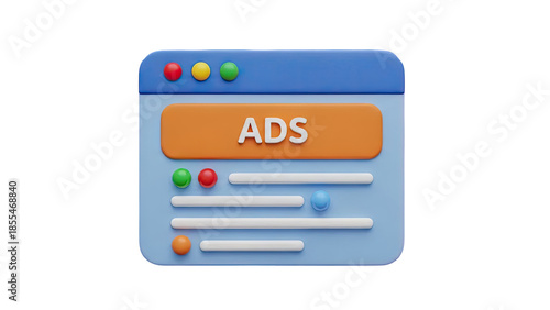 3D Icon of a Website with ADS label on transparent background