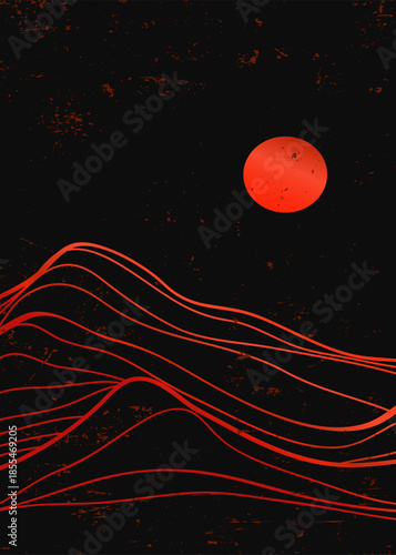 Minimalist Mountain with line art texture. Abstract mountain landscapes backgrounds. mountains range, ocean wave and moonlight. use for wall art prints, poster Art Decoration, banner