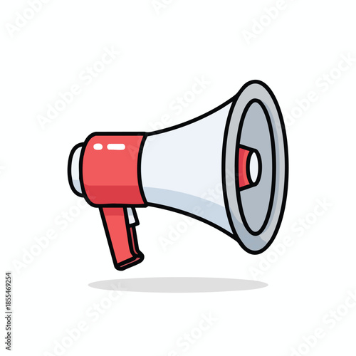 A cartoon megaphone, red and white, with a black outline, and a shadow below