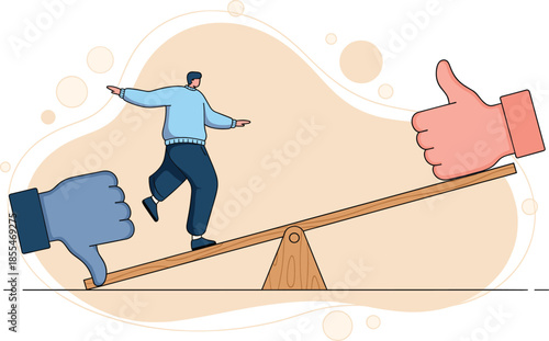 Businessman balancing on seesaw with positive and negative customer feedback icons conceptBusinessman balancing on seesaw with positive and negative customer feedback icons concept