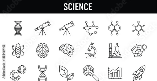 Minimalist science icon set featuring DNA, molecules, microscope, telescope, brain, rocket, laboratory equipment, research symbols, education graphics