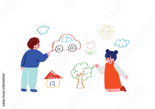 クレヨンでお絵描きする子供のイラスト