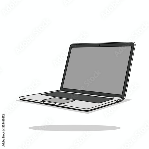 A flat illustration of an open laptop, in shades of gray, casting a shadow