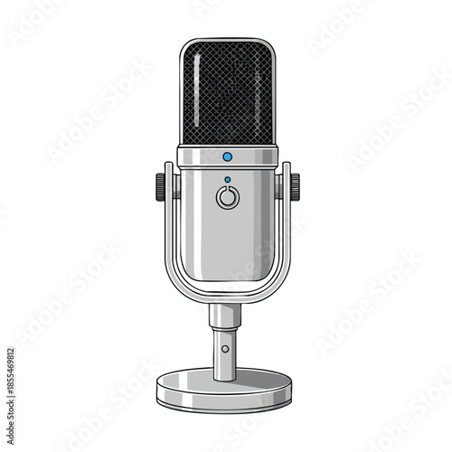 A silver, cartoon-style microphone with a black mesh head and circular base, isolated