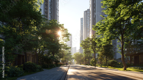 Serene city street in the morning sunlight with tall modern buildings and lush green trees lining the sidewalk
