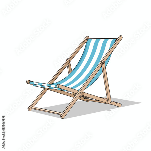 A wooden deck chair with blue and white stripes, casting a shadow