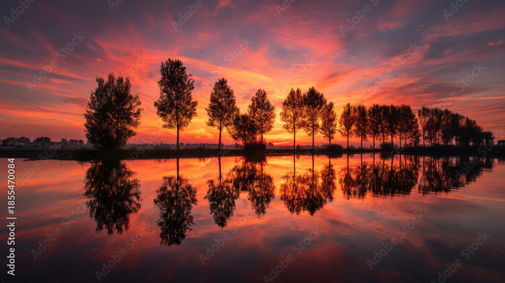 Obraz premium Serene dutch landscape during vibrant sunset with silhouettes of tall trees reflected on calm water surface