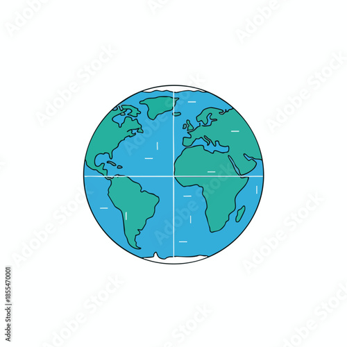 A cartoon Earth illustration with continents, oceans, and grid lines