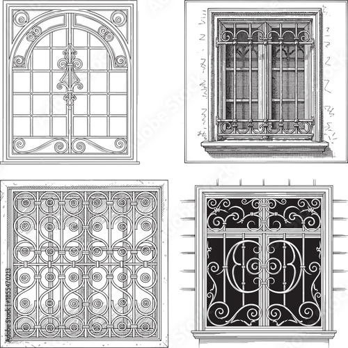 Minimal Victorian Window Grill Set Etching Engraving Style Architectural Ironwork Vintage Hand Drawn Illustration
