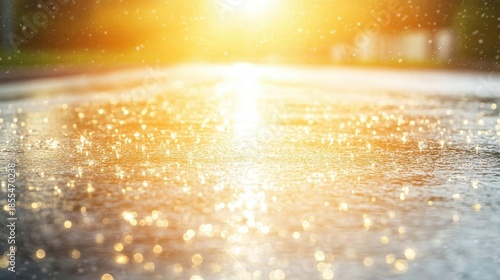 Bright golden sunlight reflecting off a polished wet surface creating a dazzling shimmering abstract pattern of light