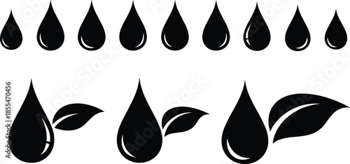 Minimal black water drop and leaf icon set representing eco nature oil liquid purity sustainability environment symbols design
