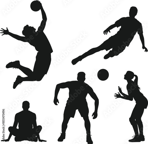 Dynamic Sport Action Player Silhouette Set, Featuring Athletes Jumping, Diving, and Spiking the Ball, Ideal for Competition and Athletic Graphics