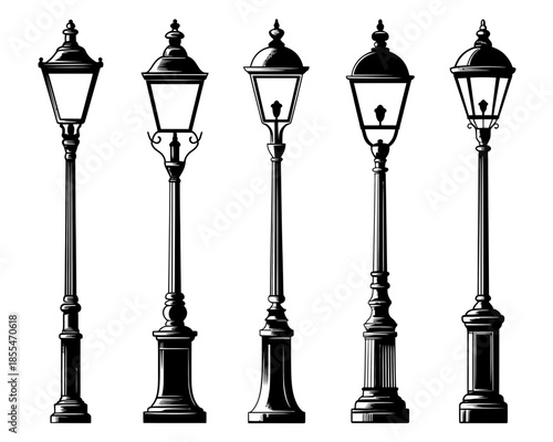 Set of vintage lampposts black and white illustration