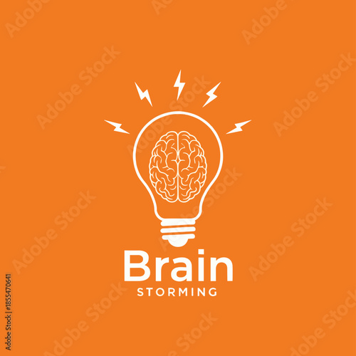 Brainstorming logo design with human brain inside a glowing light bulb and lightning bolts on orange background for business.