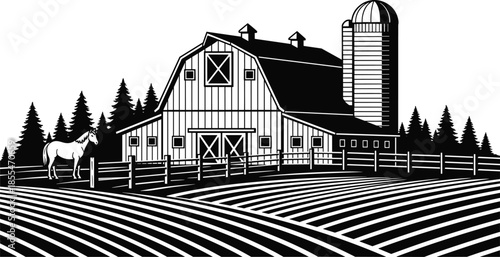 Black and white silhouette of traditional farm barn with silo horse in pasture and plowed fields flat vector illustration on white background