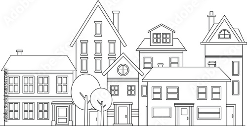 Black and white line art of European townhouses city street streetscape with various building facades flat vector illustration isolated on white background