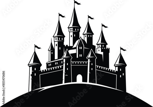 Black silhouette of fairy tale castle with towers and flags on hill flat vector illustration isolated on white background for fantasy design