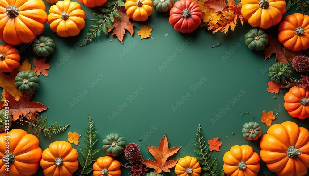 Fototapeta premium Autumn harvest composition features pumpkins and colorful fall leaves arranged on a green background. A blank space is left for custom text overlay and seasonal design.