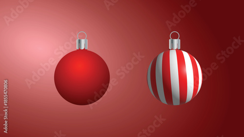 Two Christmas baubles with silver caps on a red gradient background ornaments