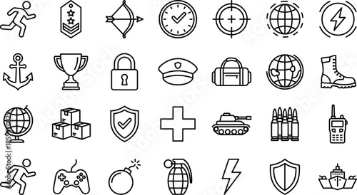 Military and security line icon set featuring army equipment protection medals strategy global defense symbols communication survival readiness operations technology