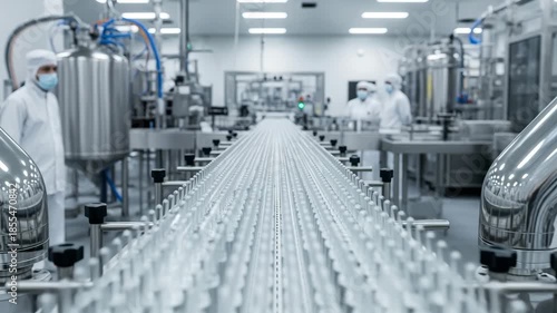 Cleanroom Production Line Conveyor Automation With Scientists In Protective Gear Working In Pharmaceutical Laboratory