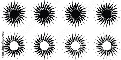 Set of sun silhouette icons with wavy rays featuring various artistic designs for summer heat solar energy flat vector illustration on white