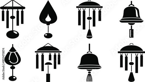 Set of wind chime and bell silhouette icons featuring various decorative hanging designs for home garden decor flat vector illustration on white
