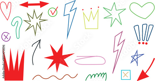 Cut out crayon elements. Playful scrapbook doodle stars, arrows, crown, lightnings for collage and zine design. Vector torn craft paper shapes