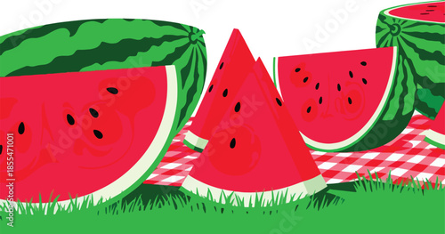 Close Up Stylized Illustration of Ripe Watermelon Slices on a Red and White Gingham Picnic Blanket in the Grass, Summer Fruit Food Concept , Generative Ai